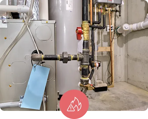 Close-up of gas pipes and safety tags on a furnace system