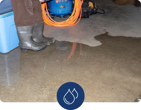 Flooded basement floor with water puddle and rubber work boots