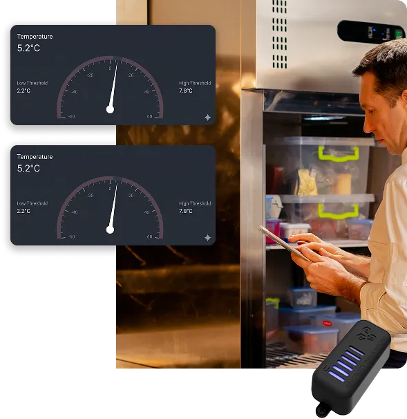 Man using tablet to monitor refrigeration temperature via TXH sensor app