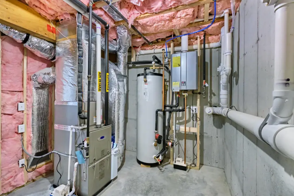Modern basement utility room with furnace and water heater system