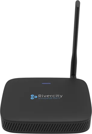 Rivercity Innovations black wireless gateway hub with antenna top view
