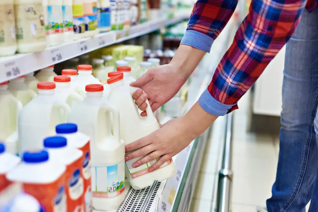Shopper reaching for a plastic gallon of milk in supermarket