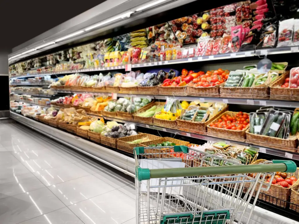 Shopping cart in grocery store produce aisle with fresh vegetables