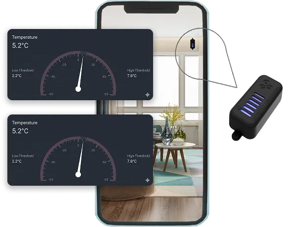Smartphone app displaying real-time temperature monitoring data from TXH sensor