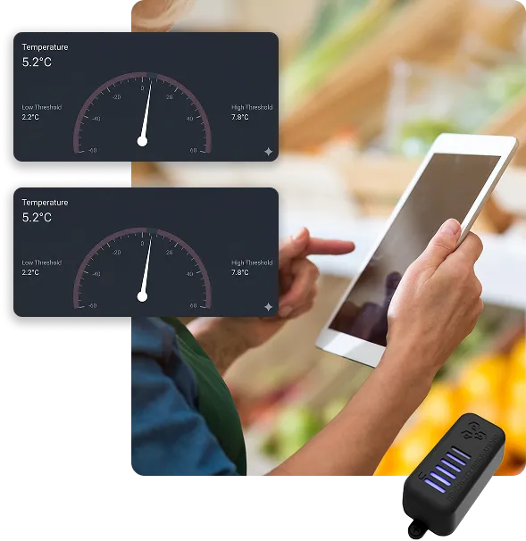 Tablet app interface with gauge displays for real-time temperature tracking