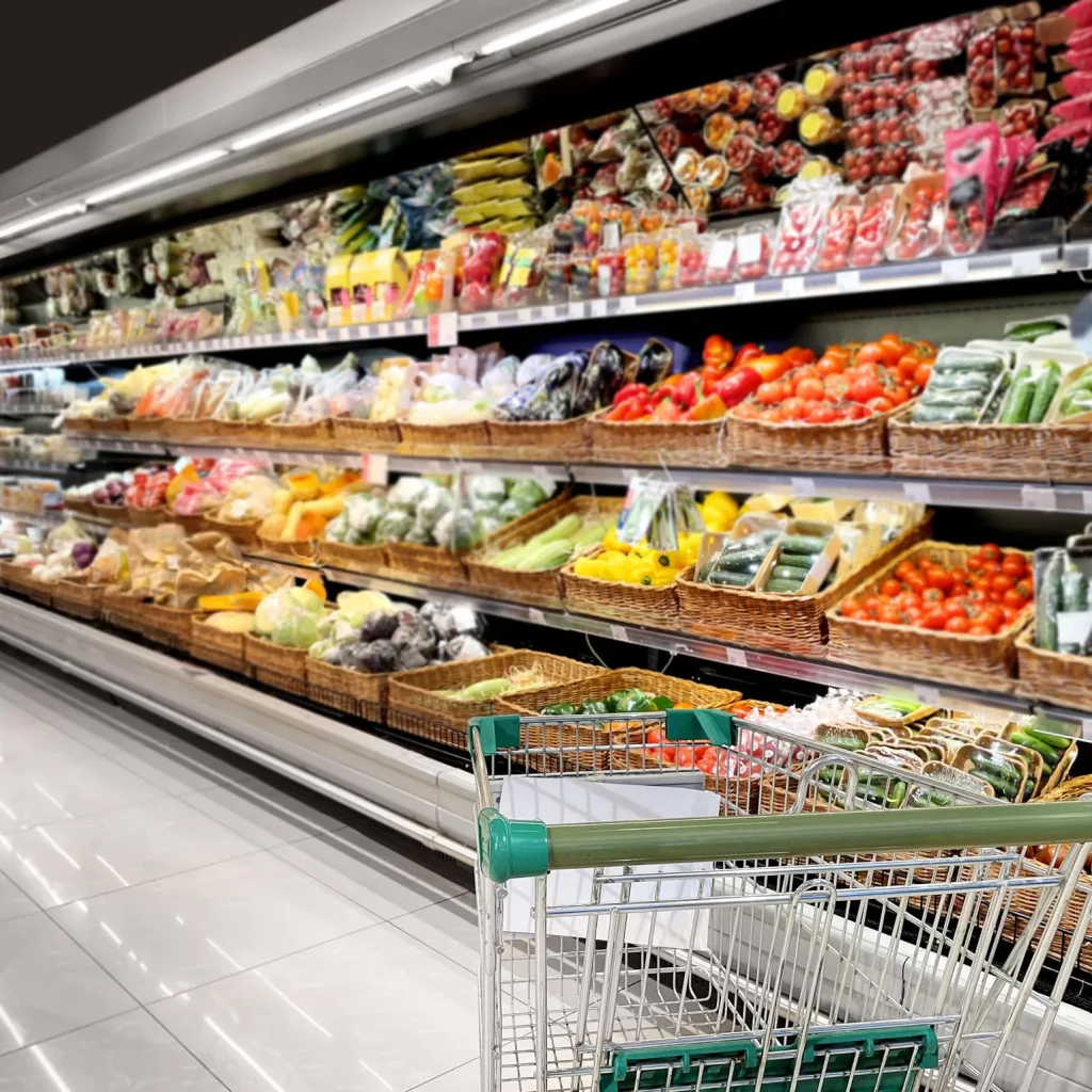 Shopping cart in grocery store produce aisle with fresh vegetables